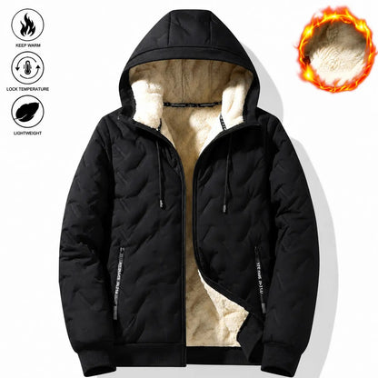 Men's Solid Baggy Fleece Lined Winter Jacket, Casual Hooded Windproof Full Zip Long Sleeve Outerwear for Outdoor Commute