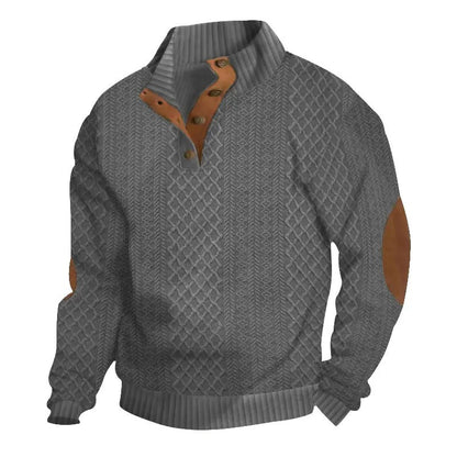 Men's Stand Collar Jacquard Knit Sweater, Micro Stretch 100% Polyester Elbow Patch Long Sleeve Top