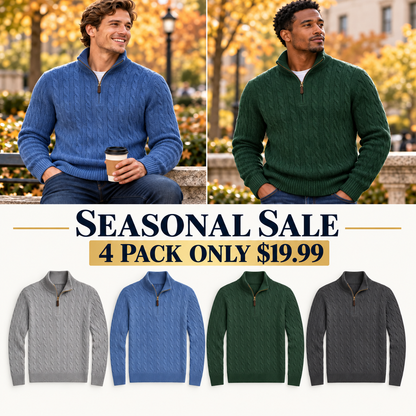 Men’s Cable Knit Quarter Zip Sweater, Classic Long Sleeve Pullover with Ribbed Collar