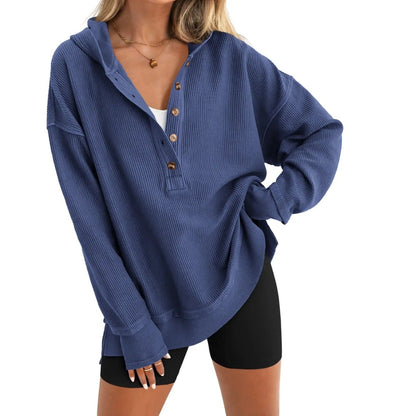 Women's Oversized Button V-Neck Hoodie Sweatshirt Long SIeeve Side Slit Casual Fall Pullover  Top