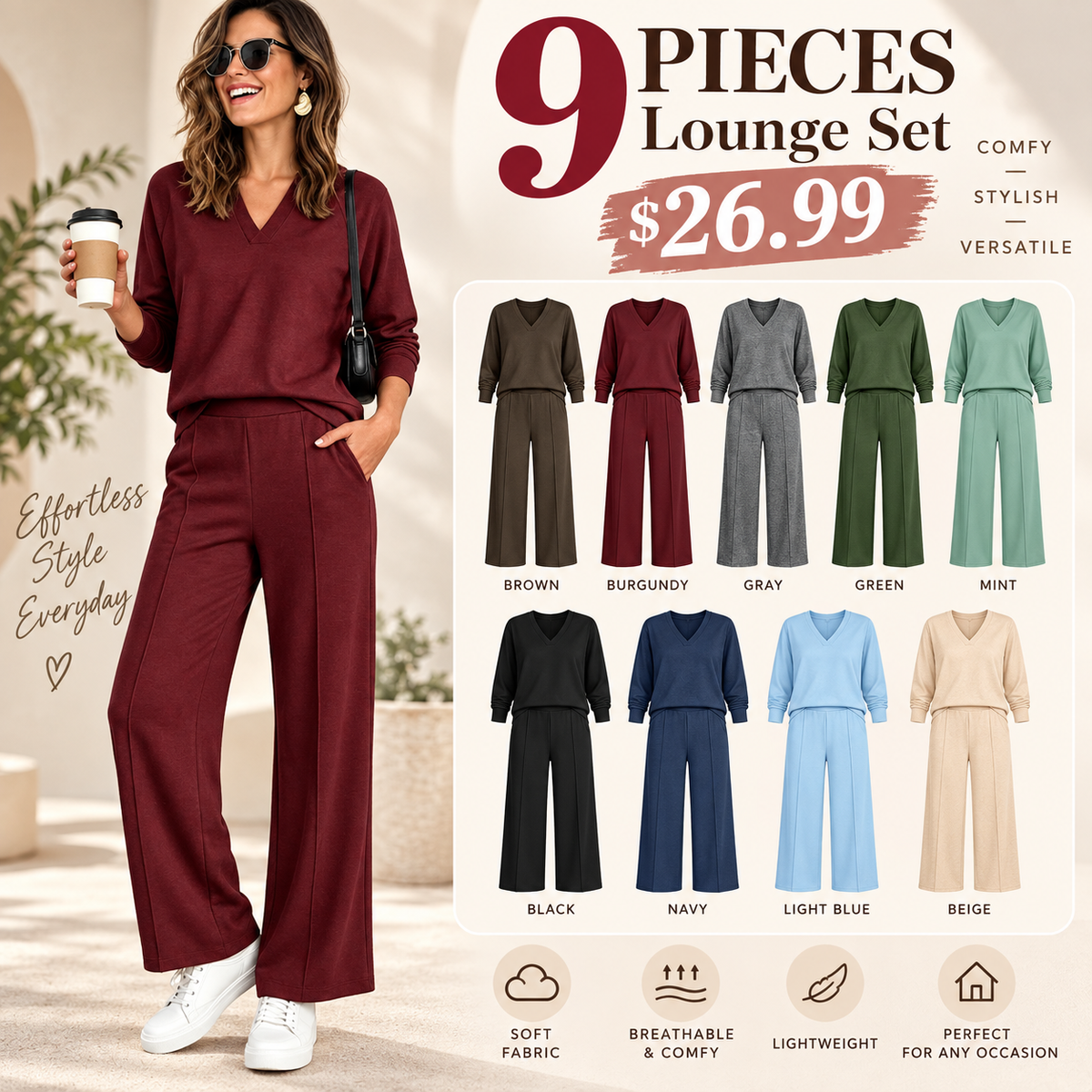🎉 2 Pieces, Endless Possibilities | Women's V-Neck Top & Wide-Leg Pants Set