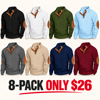 Men's Stand Collar Jacquard Knit Sweater, Micro Stretch 100% Polyester Elbow Patch Long Sleeve Top