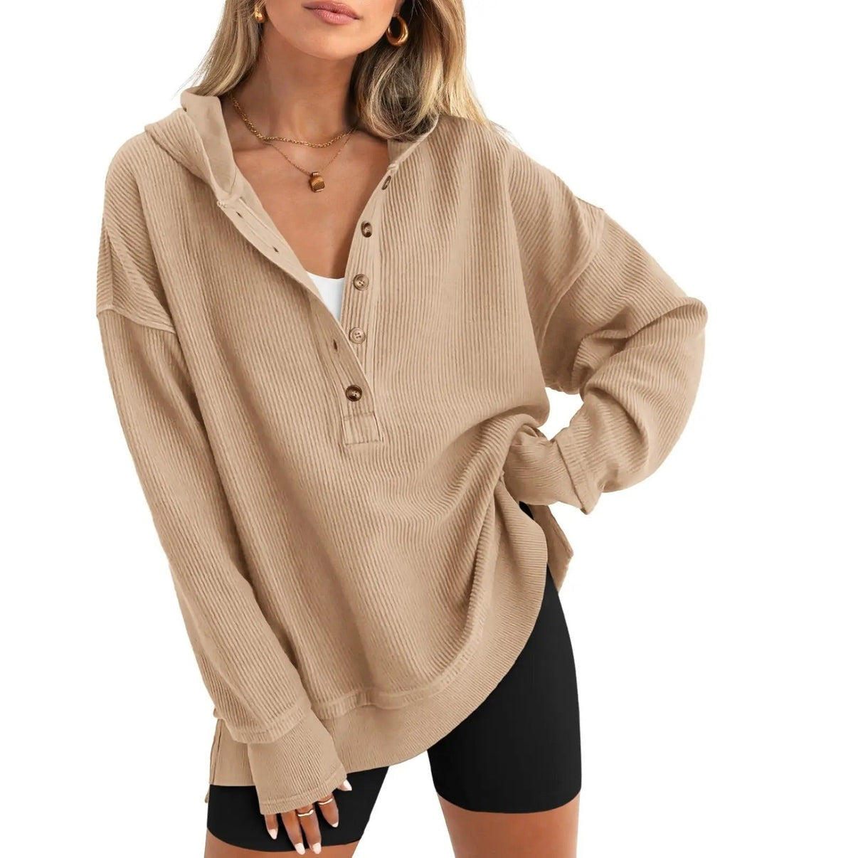 Women's Oversized Button V-Neck Hoodie Sweatshirt Long SIeeve Side Slit Casual Fall Pullover  Top