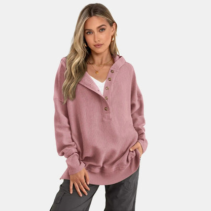 Women's Oversized Button V-Neck Hoodie Sweatshirt Long SIeeve Side Slit Casual Fall Pullover  Top