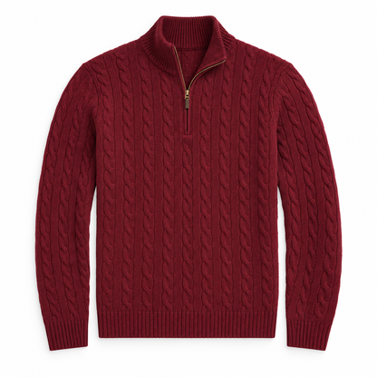 Men’s Cable Knit Quarter Zip Sweater, Classic Long Sleeve Pullover with Ribbed Collar