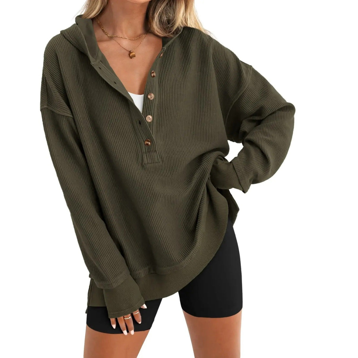 Women's Oversized Button V-Neck Hoodie Sweatshirt Long SIeeve Side Slit Casual Fall Pullover  Top