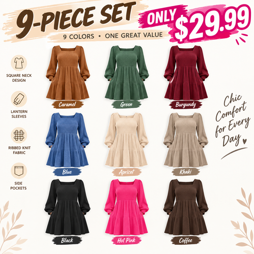 Women's Square Neck Long Sleeve Fall Dresses Casual Babydoll Sweater Dress
