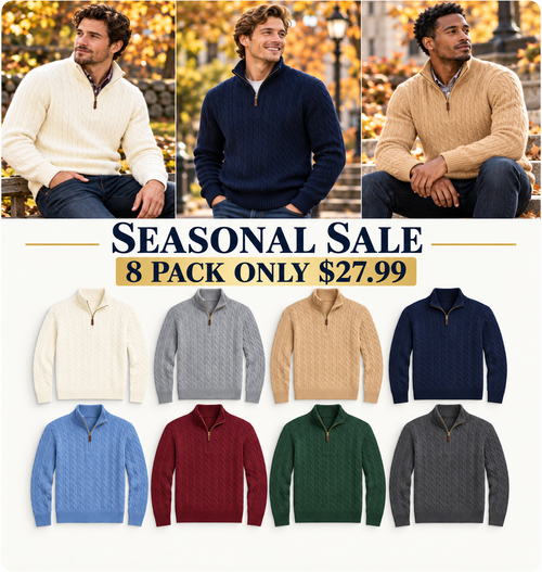 Men’s Cable Knit Quarter Zip Sweater, Classic Long Sleeve Pullover with Ribbed Collar