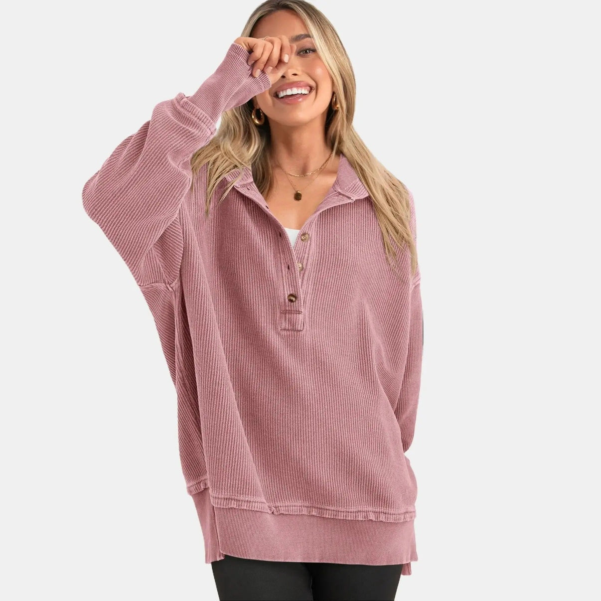 Women's Oversized Button V-Neck Hoodie Sweatshirt Long SIeeve Side Slit Casual Fall Pullover  Top
