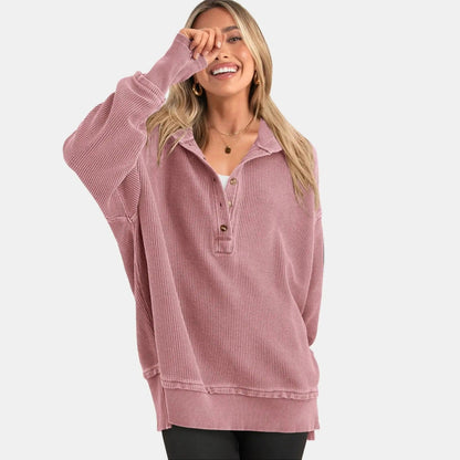 Women's Oversized Button V-Neck Hoodie Sweatshirt Long SIeeve Side Slit Casual Fall Pullover  Top