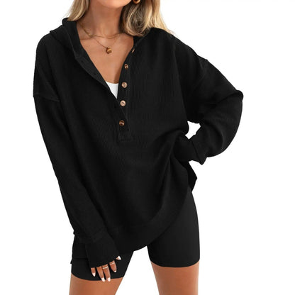 Women's Oversized Button V-Neck Hoodie Sweatshirt Long SIeeve Side Slit Casual Fall Pullover  Top