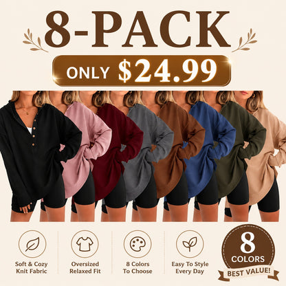 Women's Oversized Button V-Neck Hoodie Sweatshirt Long SIeeve Side Slit Casual Fall Pullover  Top