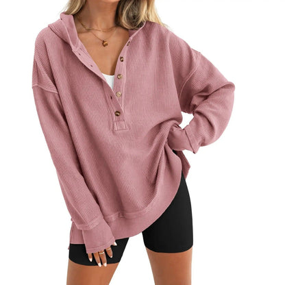 Women's Oversized Button V-Neck Hoodie Sweatshirt Long SIeeve Side Slit Casual Fall Pullover  Top