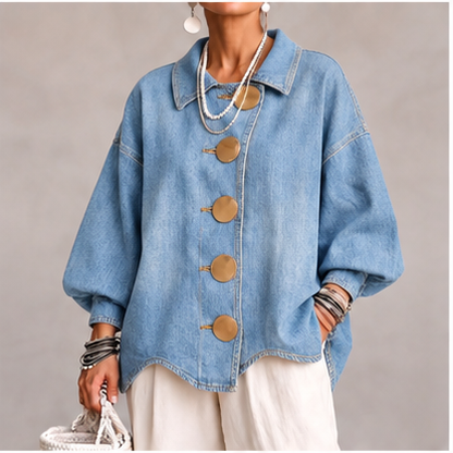Collared Oversized Denim Jacket With Large Metal Buttons