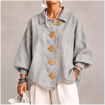 Collared Oversized Denim Jacket With Large Metal Buttons