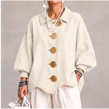Collared Oversized Denim Jacket With Large Metal Buttons