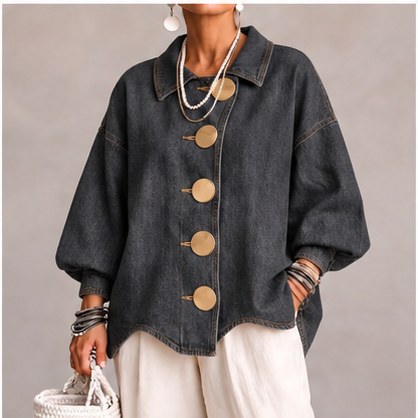 Collared Oversized Denim Jacket With Large Metal Buttons