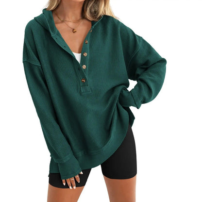 Women's Oversized Button V-Neck Hoodie Sweatshirt Long SIeeve Side Slit Casual Fall Pullover  Top