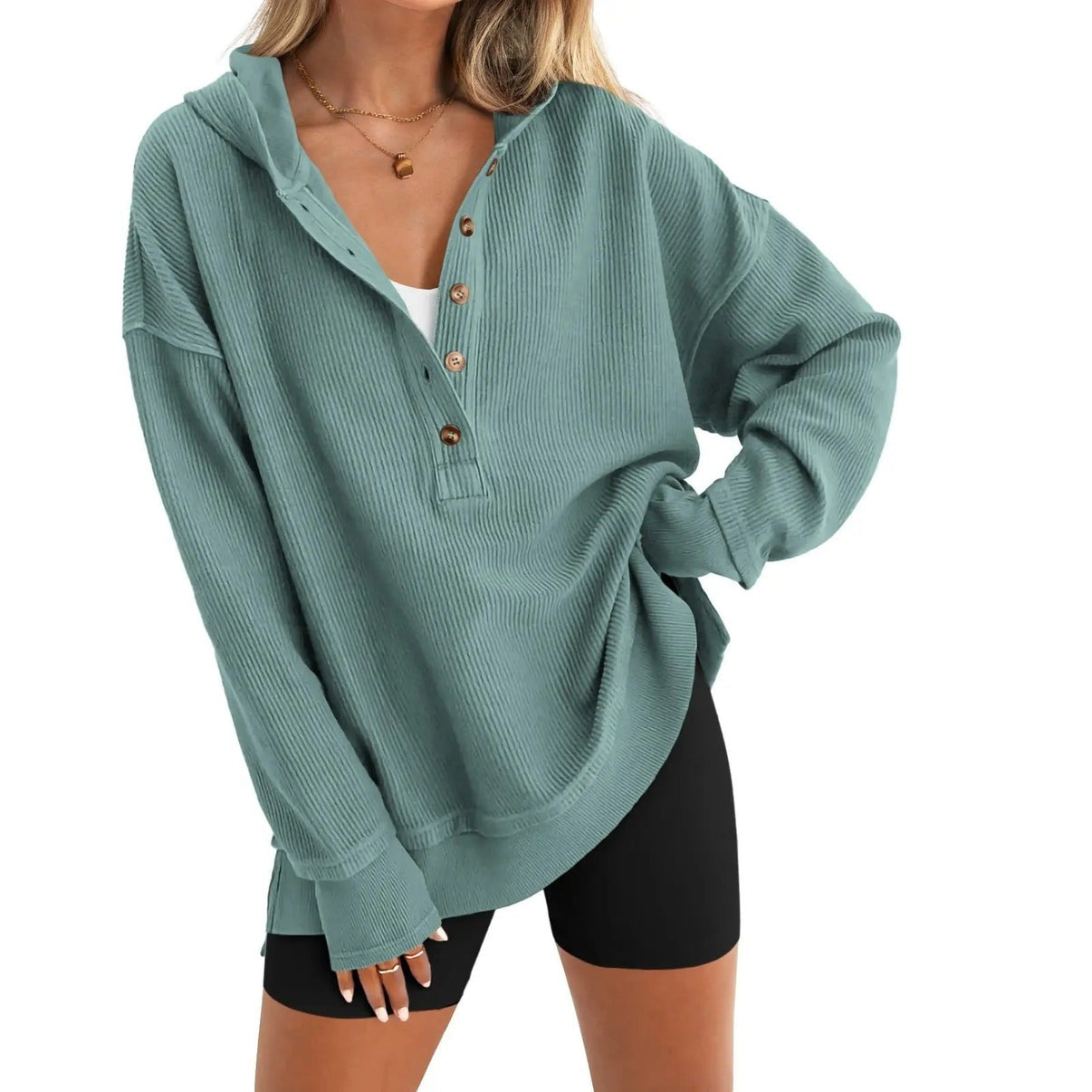 Women's Oversized Button V-Neck Hoodie Sweatshirt Long SIeeve Side Slit Casual Fall Pullover  Top