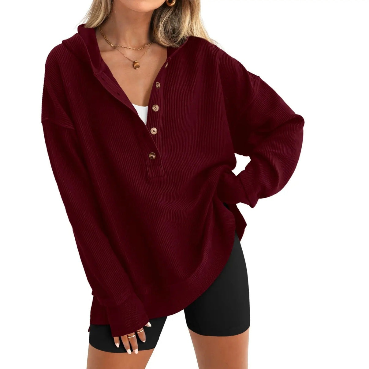 Women's Oversized Button V-Neck Hoodie Sweatshirt Long SIeeve Side Slit Casual Fall Pullover  Top