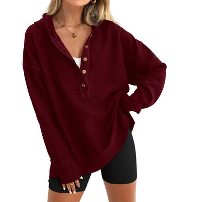 Women's Oversized Button V-Neck Hoodie Sweatshirt Long SIeeve Side Slit Casual Fall Pullover  Top
