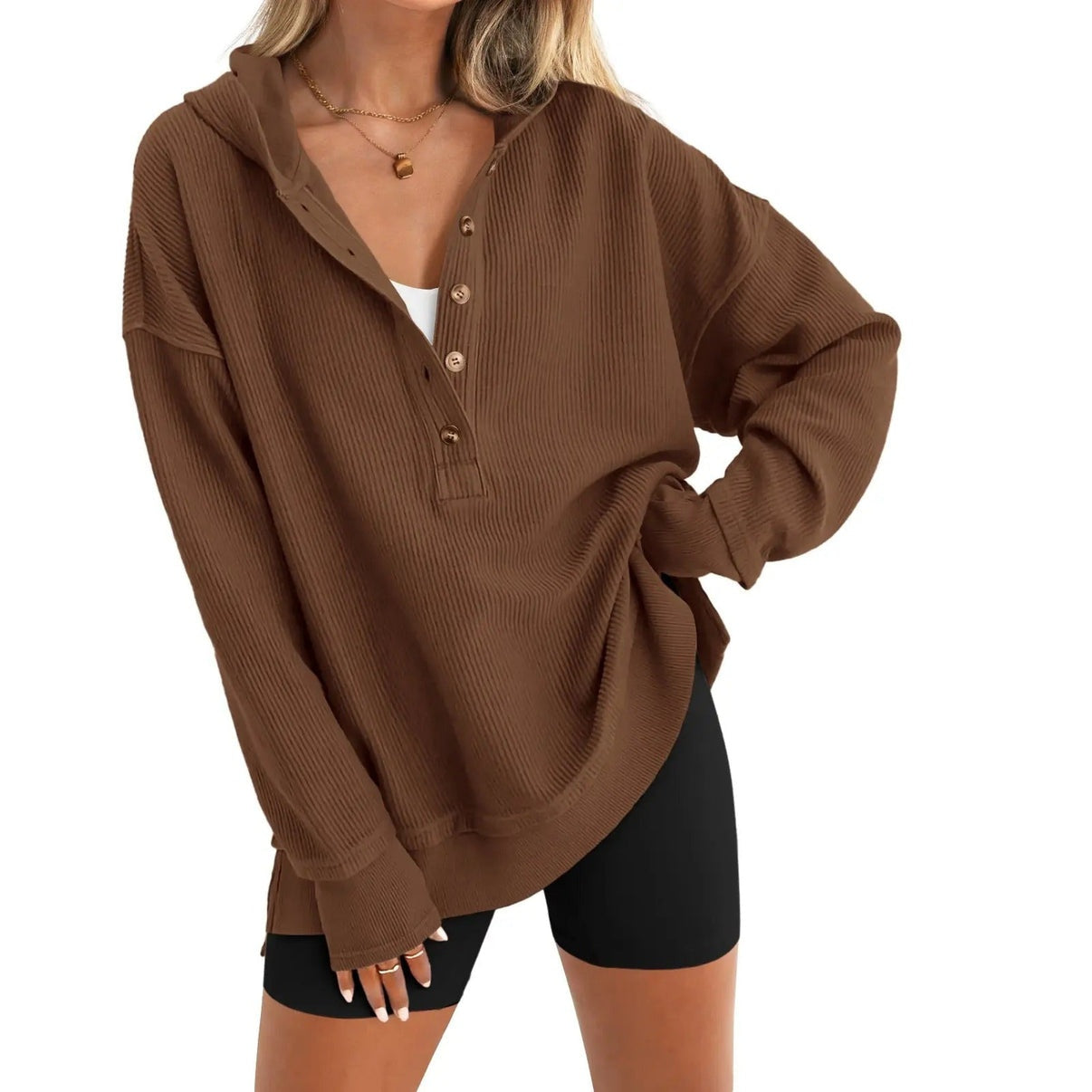 Women's Oversized Button V-Neck Hoodie Sweatshirt Long SIeeve Side Slit Casual Fall Pullover  Top
